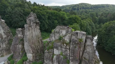 Aerial Push Toward Externsteine Spire In Soft Light 스톡 동영상 339367544