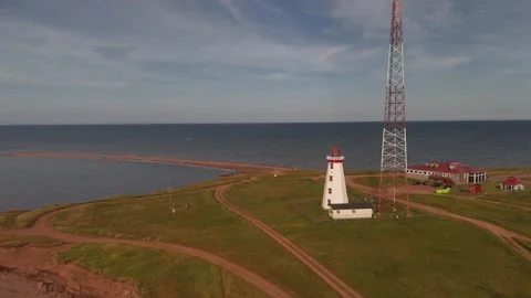 Aerial Push Toward North Cape Lighthouse and Rock Reef, PEI Stock Footage 341363286