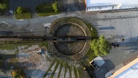 Aerial Push in to Train Turntable Stock Footage 91901435