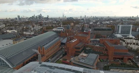 Aerial push in view of St Pancras station and the national library Stock Footage 69807819