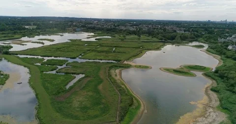 Aerial push in view of the wetland centre in west London Stock Footage 77753677