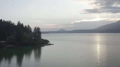 Aerial pushes past trees over Lake Quinault in Washington at sunset Stock Footage 345172087