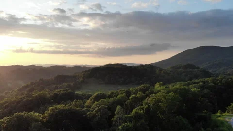 Aerial Pushing rotating over dense forest distant mountains at sunset sunrise 動画素材 295454534