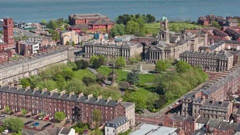 Aerial of quadrant of Hamilton Square and Town Hall, Birkenhead, Wirral Stock Footage 334800148