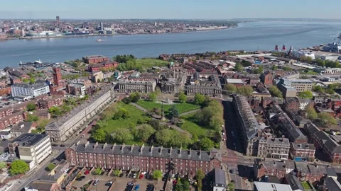 Aerial of quadrant of Hamilton Square, Birkenhead, Wirral Stock Footage 334800264