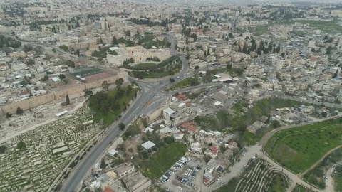 Aerial of quarantine empty streets at north side old city Jerusalem. File1-01 Stock Footage 128136552