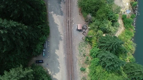 Aerial of Railroad Track, Columbia River Gorge, Oregon Stock Footage