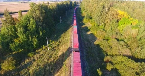AERIAL railway: Long cargo train transporting wagons across the autumn forest-10 Stock Footage