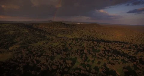 AERIAL - Rainbow over pastures dramatic landscape Video stock 97978020