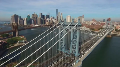 Aerial real time video. Camera approaching Brooklyn bridge, New York City. Stock Footage 58567024