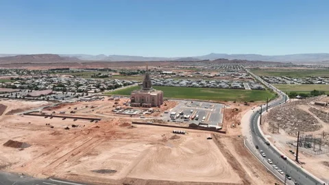 Aerial Red Cliffs Utah Temple St George Utah towards part 1 4K Stock Footage 197446345