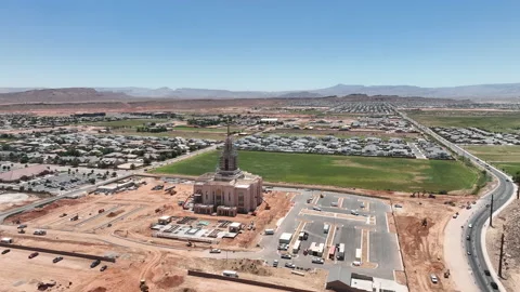 Aerial Red Cliffs Utah Temple St George Utah towards fast motion 4K Stock Footage 197446642
