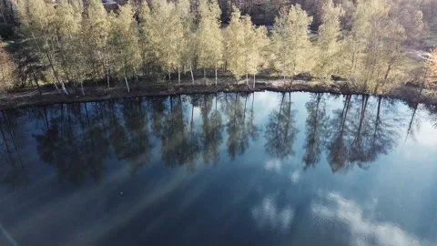 Aerial of reflection of trees, lake with trees in bavaria 4K Stock Footage 145710778