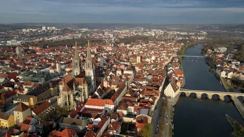 Aerial Regensburg, cityscape, cathedral, old town, stone bridge danube 4k, drone Stock Footage