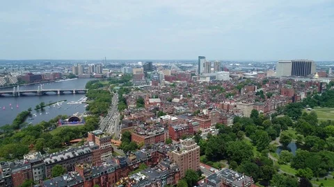 Aerial residential neighborhood Boston Charles River Stock Footage