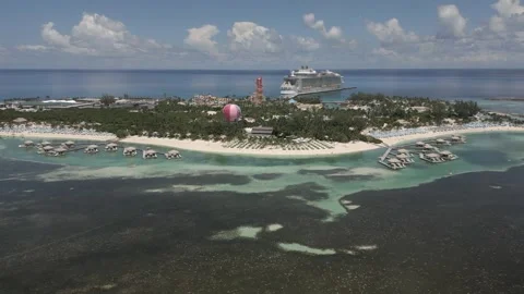 Aerial retreats from tiny Coco Cay, Bahamas stop for cruise ships Video stock 252255529