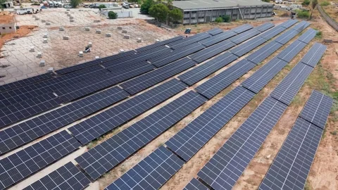 Aerial Reveal from Completed to Under Construction Solar Farm Vídeo Stock 341668478