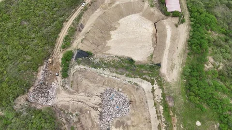 Aerial reveal of new solid waste cell expansion with geomembrane Stock Footage 340410167