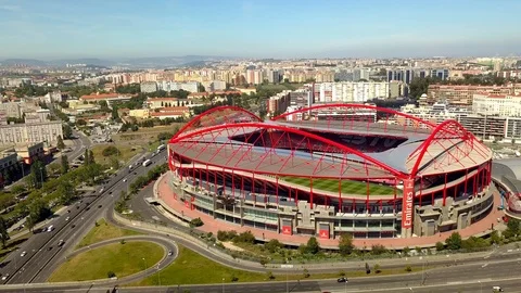 Aerial, reverse, drone shot, away from the Benefica stadium, the Estadio Video stock 108673077