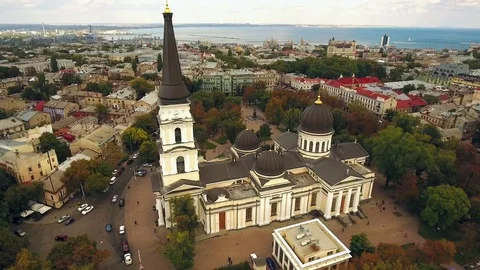 Aerial reverse flyover of Transfiguration Cathedral in Odessa, Ukraine. Stock Footage 71486806