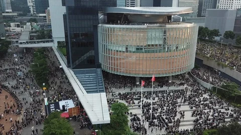 Aerial Reverse Hong Kong Protest Legislative Council Building 스톡 동영상 110891739