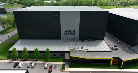 Aerial reverse pullback of Rock Lititz logo sign. American live event Video stock 195199524