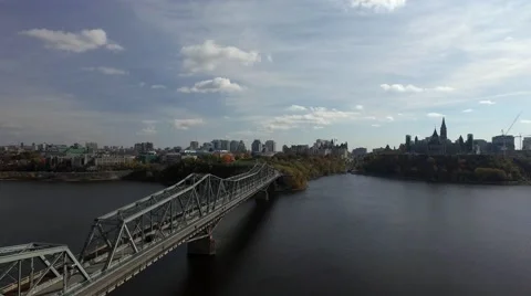 Aerial reverse tracking zoom out on bridge wide angle view Stock Footage 56329594