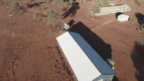 Aerial reverse view of outback shearers quarters Stock Footage 92516973
