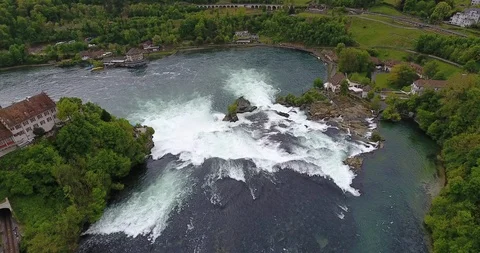 Aerial of Rhine Falls rapids Stockbeeldmateriaal 89974539
