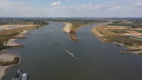 Aerial Rhine river split off, low water levels, drought climate change Europe Vídeo Stock 207839022