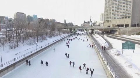 Aerial rideau canal busy downtown ottawa canada winter 4k Stock Footage