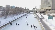 Aerial Rideau Canal Busy Downtown Ottawa Canada Winter 4K Stock Footage