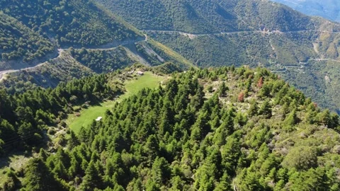 Aerial ridge landscape with forest clearing cabin and mountain gorge Stock Footage 343948349