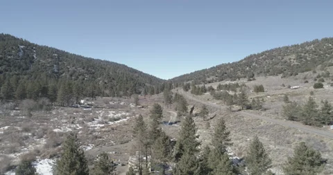 Aerial rises past pine trees to reveal a valley and highway 2 in Angeles Forest Stock-Footage 150411334