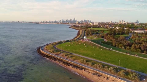 Aerial Rising Shot of Point Ormond Lookout with Melbourne Skyline Stock Footage 321783044