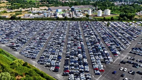 Aerial Rising View Over Massive Car Export Parking Lot Near Port of Bordeaux Vídeo Stock 341388786