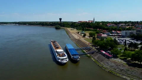 Aerial: River Cruiser Docking At Vukovar, Croatia Stock Footage 228715032