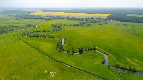 Aerial: river, field, forest. Stock Footage 77278353