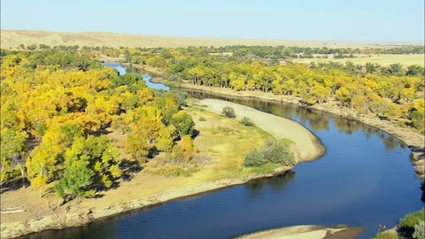 Aerial of river flowing through forest trees, Bend in a blue river, with trees Stock Footage 109469944
