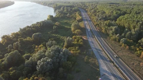 Aerial Of River Flowing Through Forest Trees, Road Following River In flat land Stock Footage 168968287
