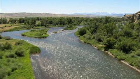 Aerial of river flowing through grass field patches, Flight Down The Madison Stock Footage 109462798