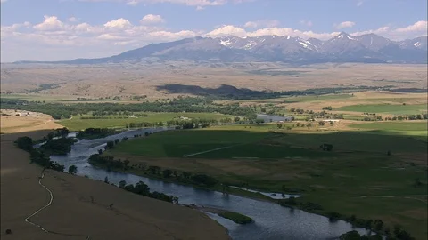 Aerial of river flowing through mountain and forest trees, River and mountain Stock Footage 109462278