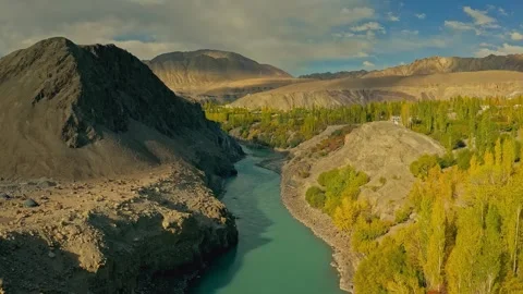 Aerial river flowing through a mountain valley Stock Footage 340076972