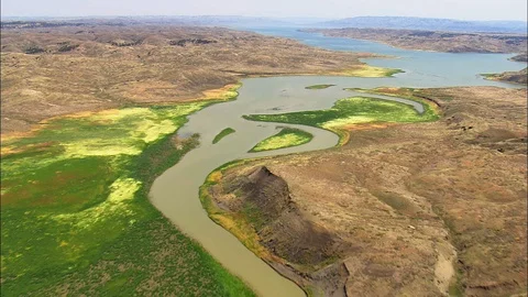 Aerial of river flowing through rolling hills covered with grass, River opens Stock Footage 109459226