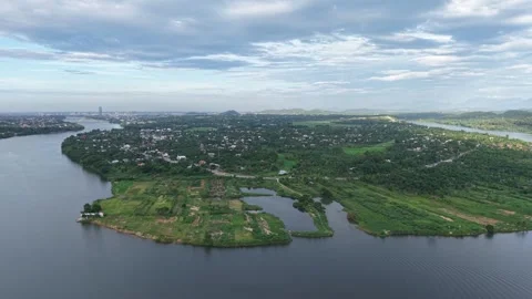 Aerial of river island temple complex on Perfume River 4K Stock-Footage 339863137