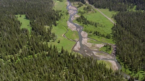 Aerial of river stream flowing through lush mountain, Soda Butte Valley Stock Footage 109464046