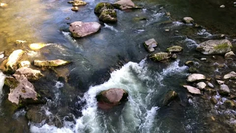 Aerial river stream rocks sunset drone stone forest water crashing drone Stock Footage 196235862
