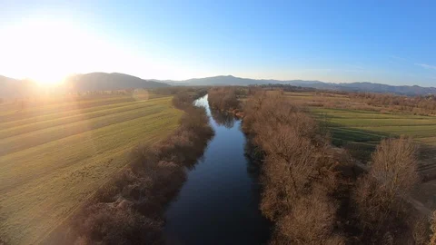 AERIAL River in sunset Stock Footage 101074281