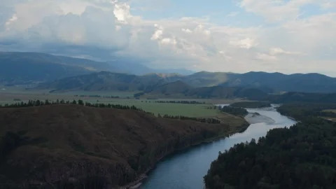 Aerial river valley and mountain landscape near Zamulta settlement, Altai Stock Footage 336296485