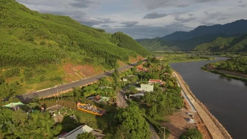 Aerial River Valley With Two Roads and Mountains in Northern Vietnam Stock Footage 337948500